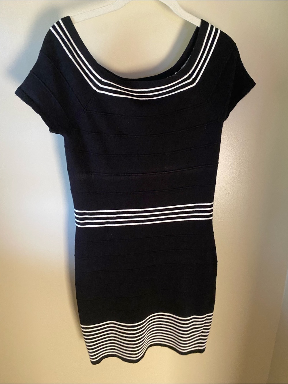 Max Studio Black Knit Shift Dress with White Striped Trim